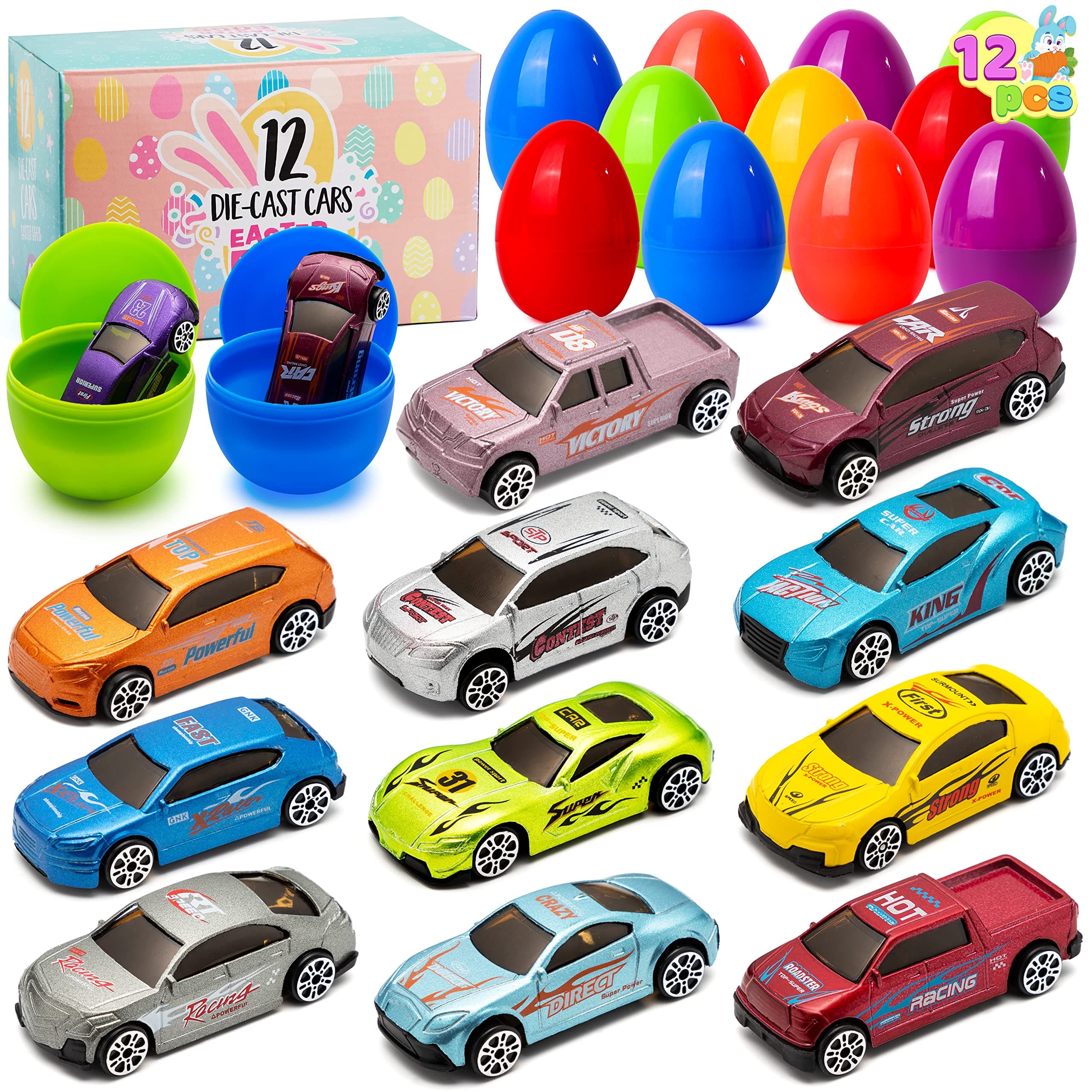 JOYIN 12 Die-Cast Car Filled Big Easter Eggs, 3.2" Bright Colorful Prefilled Plastic Easter Eggs with Different Die-cast Cars