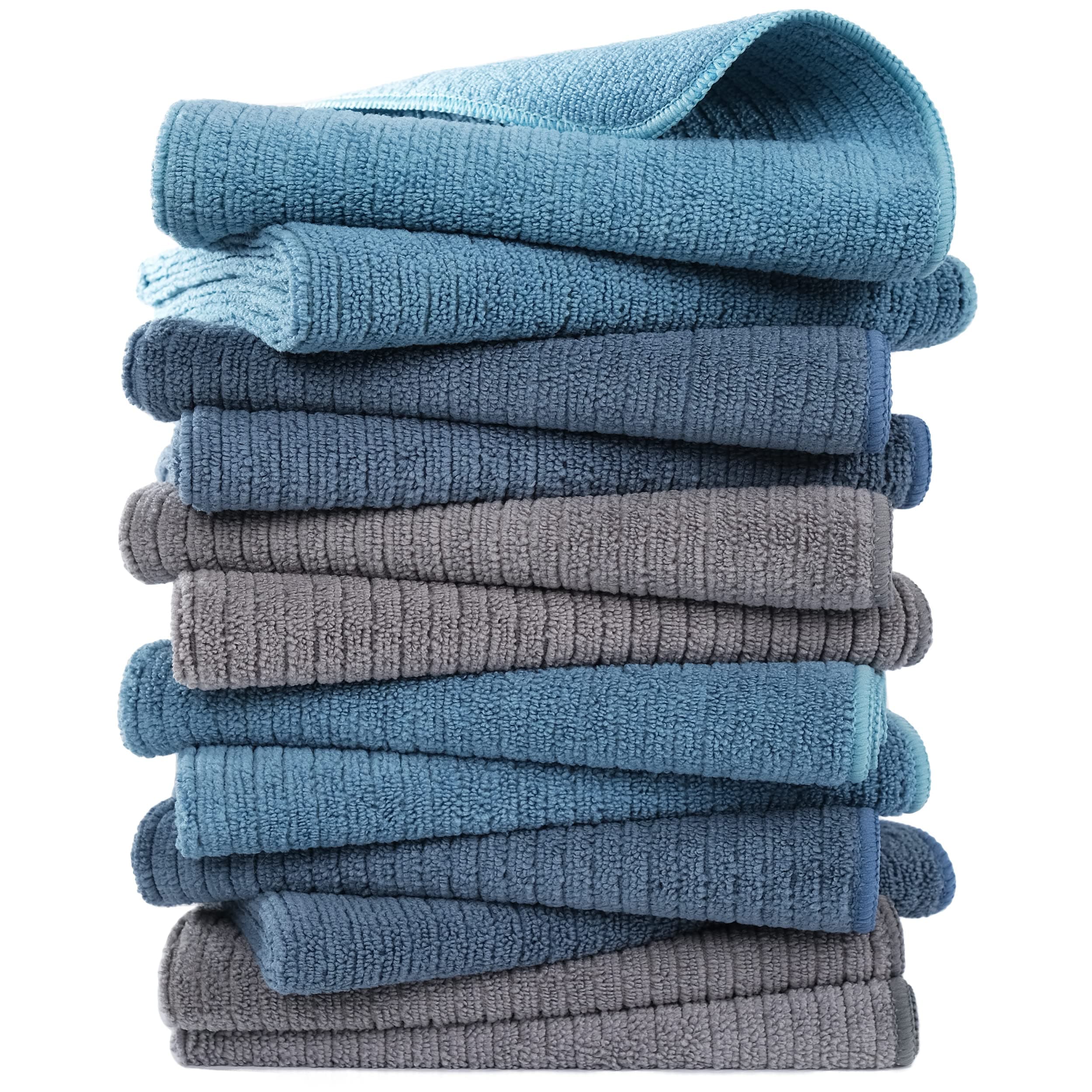 POLYTE Premium Microfiber All-Purpose Ribbed Terry Kitchen Towel, 12 Pack (Blue, Gray, Teal, 16x28 in)