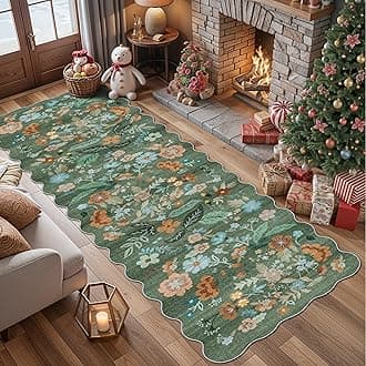 Washable 3x10 Hallway Runner Rug: Floral Scalloped Soft Runners for Entryway Kitchen Nursery Non Slip Bathroom Floor Mat Water Resistant Light Weight Carpet for Living Room Bedroom (3x10 Floral/Green)