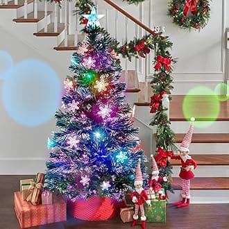 5 ft Pre-Lit Artificial Christmas Tree, Lighted Optical Fiber Xmas Trees with RGB Color Changing LED Lights, Snowflakes & Top Star, Festive Party Holiday Fake Multicolored Tree with Metal Legs