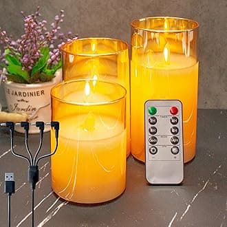 Flameless Candle, Flickering LED Pillar Real Wax Candle, Rechargeable Electronic Candle with Remote Control and Timer, USB Rechargeable Gold Glass Candle, Set of 3