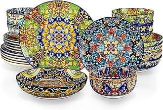 24 Pieces Dinnerware Sets, Plates and Bowls Set, Porcelain Dishes Set for 6, Microwave and Dishwasher Safe, Scratch Resistant, Bohemian Style Dining Ware Service for 6, Series SIMI