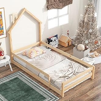 Dolonm Twin Size Montessori Toddler Floor Bed Frame, Modern House-Shaped Frame Headboard Bed with Fences, Pine Wood with Full-Length Guardrails, Bed for Girls Boys(Without Slats), Natural Wood