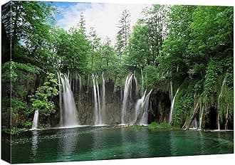 wall26 Canvas Print Wall Art Green Forest Waterfall in Croatia Park Nature Wilderness Photography Modern Art Rustic Scenic Colorful Multicolor for Living Room, Bedroom, Office - 12"x18"