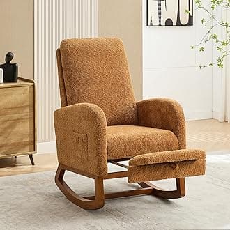 Nursery Rocking Chair with Foot Rest, Upholstered Glider Chair with Two Side Pockets, High Back Nursing Chair, Rocker Accent Armchair for Bedroom Living Room (Caramel)