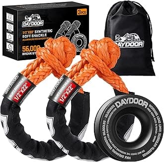 DAYDOOR Synthetic Soft Shackle & Winch Recovery Ring Kit, 2 PCS 1/2'' x 22'' Recovery Soft Shackle(56,000Lbs Breaking Strength), 1 PCS Recovery Ring for ATV UTV Off-Road Vehicles(Black Ring)