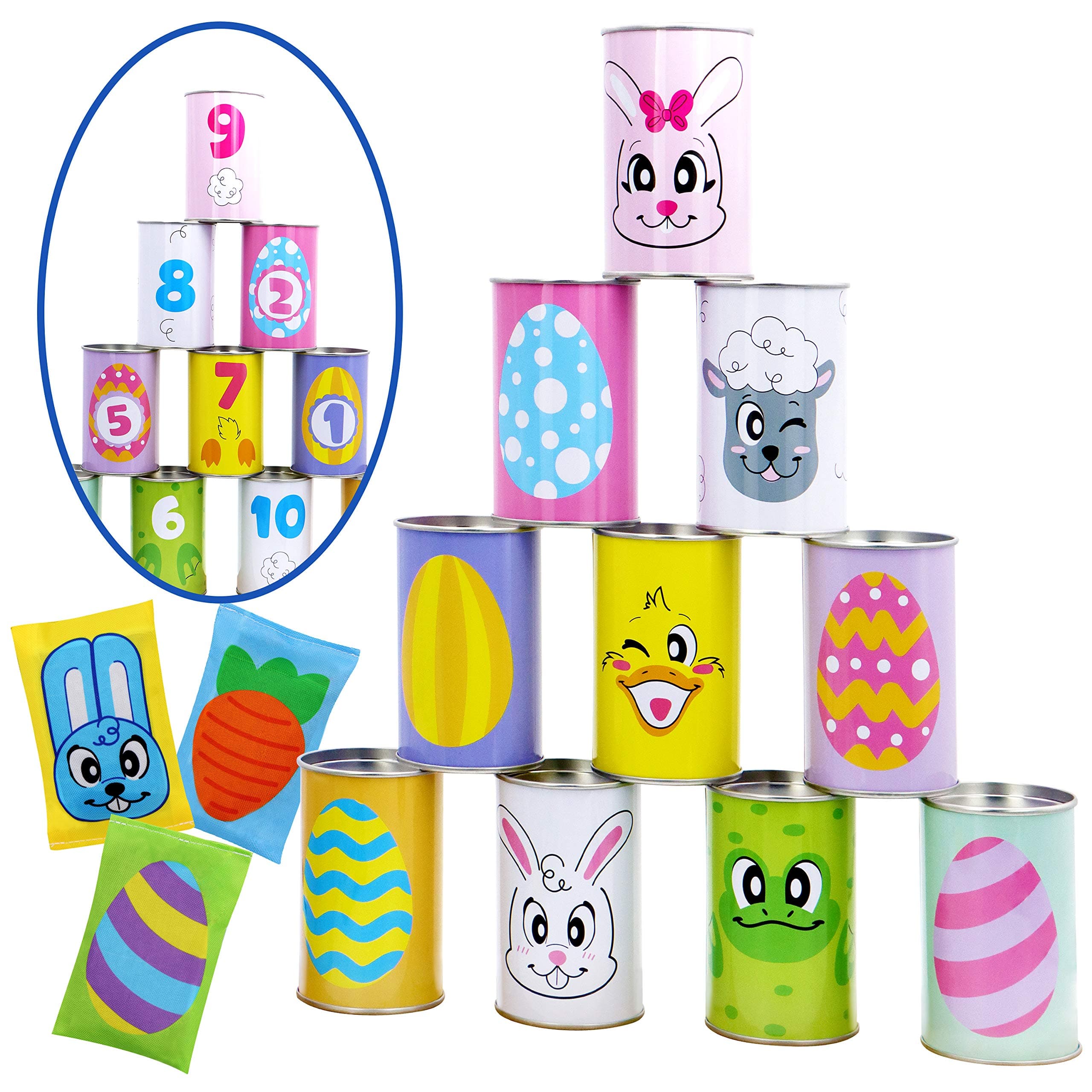 JOYIN 13 Pcs Easter Carnival Bean Bag Toss Knockdown Can Game Set for Kids Adults Holiday Outdoor Yard Easter Egg Hunt Birthday Party Games, Carnival Games
