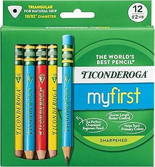 My First Short Triangular Wood-Cased Pencils, #2 HB Soft, With Erasers, Primary Colors, 12 Count