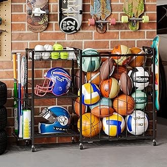 Ball Storage with Elastic Rope for Sports and Outdoors, Garage Organization with Wheels for Sports Gear and Toys, Large-Capacity Sports Equipment Organizer with Baseball Bat Holder and Basketball Rack