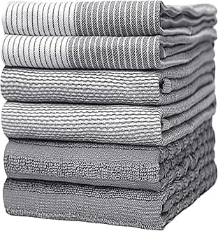 Bumble Kitchen Hand Dish Tea Towels – Bulk Set of 6 – Luxe, Soft, Durable Ring Spun Cotton with 3 Different Textures – Extra Large 20" x 28" / 50 x 70 cm In Size – Grey