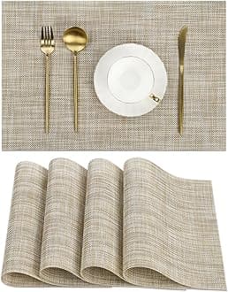 SHACOS Easy Clean Placemats Set of 4 Woven Vinyl Reversible Plastic Place Mats Heat Resistant Stain Resistant Dining Table Mats Indoor Outdoor Table Decor, Beige