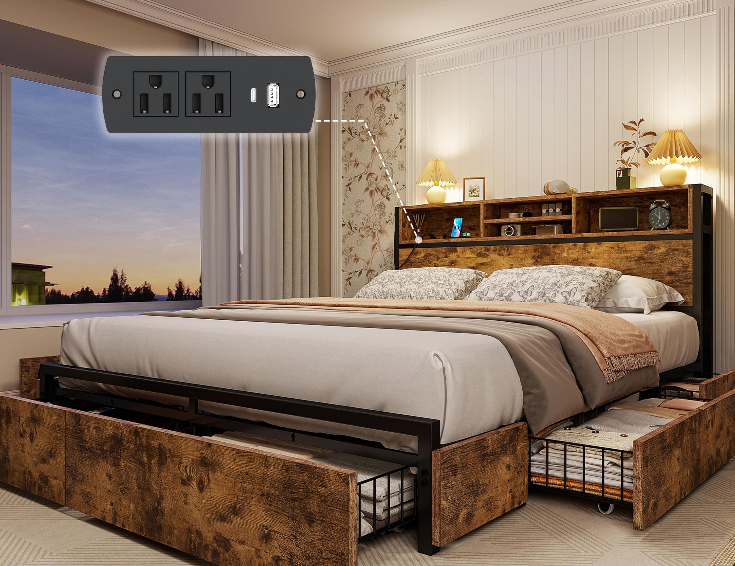 EnHomee Queen Bed Frame with 6 Storage Drawers, Bed Frame Queen Size with Headboard & Charging Station, No Noise,No Box Springs Needed,Vintage Brown