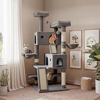 SHA CERLIN 65in Larger Cat Tree Tower Condo for Indoor Kitties/Multi-Level Furniture Activity Center with Wide Base/Cozy Plush Cat Perches/Baskets/Sisal Scratching Posts and Hammock/Grey