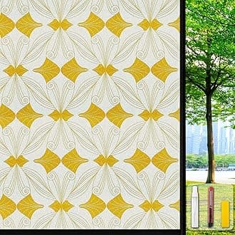 Window Privacy Film Stained Glass Decorative Static Clings Frosted Window Tint for Home Room Decor Bathroom Door Car Stickers with Glittering Effect, Removable(Golden Geometry)