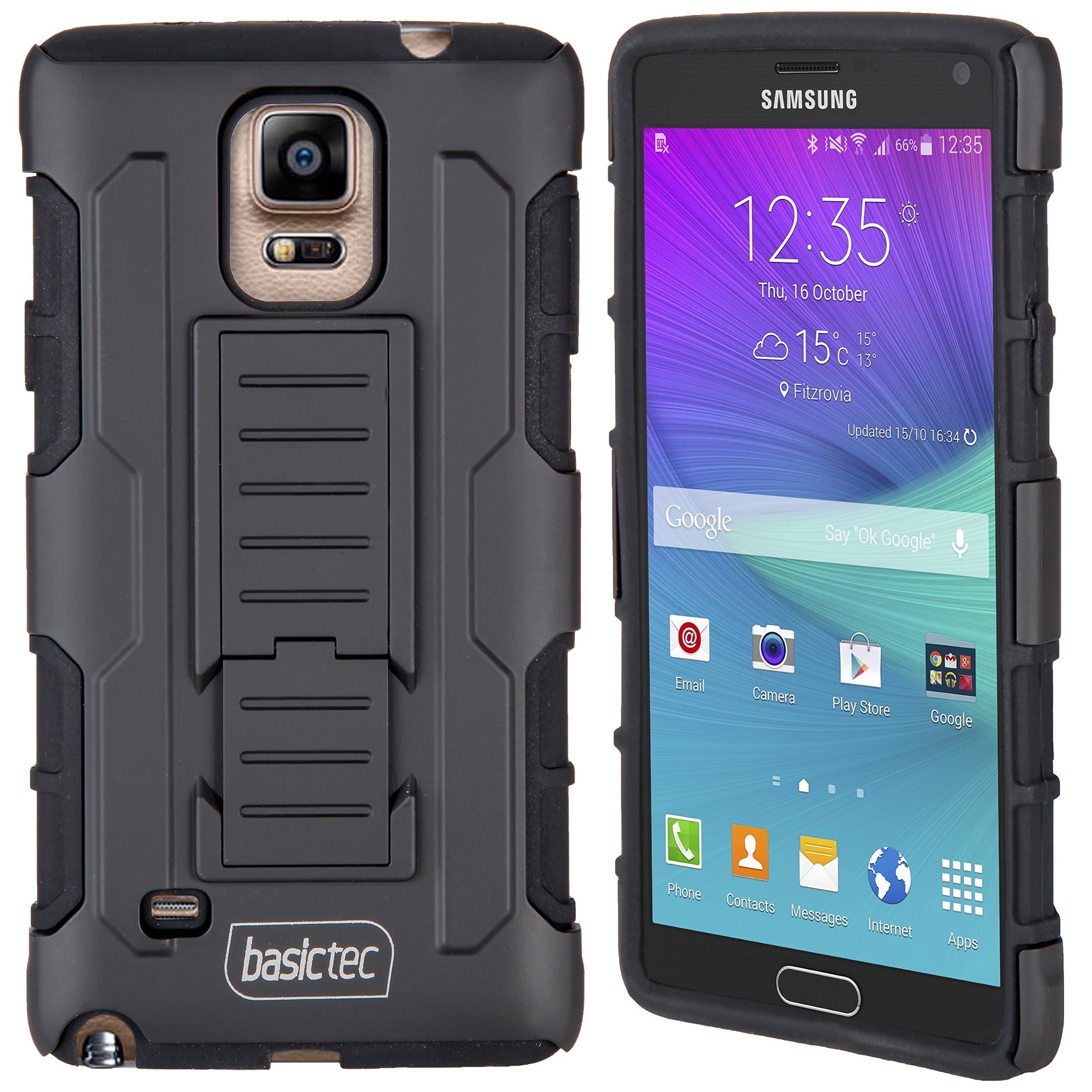 Basictec Samsung Galaxy Note 4 Case w/Kickstand and Belt Clip Holster - 2 Layers of Protection: Soft Silicone Core, Polycarbonate Shell - Includes 2 Screen Protectors and Cloth Wipes - Black