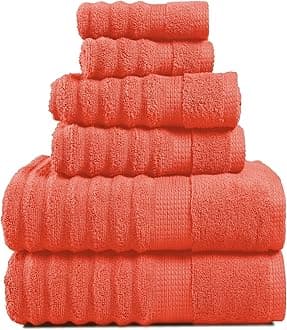 LANE LINEN Luxury Ribbed Bath Towels - 100% Cotton Towels for Bathroom, Zero Twist, Soft Shower Towels, Extra Absorbent, Quick Dry, 2 Bath Towels, 2 Hand Towels, 2 Wash Cloths - Rust (6 Piece Set)
