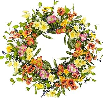20 inch Spring Summer Wreaths for Front Door Floral Wreath with Colorful Wildflowers,Eucalyptus Leaves,Olive Leaves,Small Berries for Indoor Outdoor Farmhouse Home Wall Window Festival Decoration