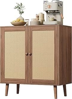 Huuger Buffet Cabinet with Storage, Storage Cabinet with Synthetic Rattan Decor Doors, Accent Cabinet with Solid Wood Feet, Sideboard Cabinet for Hallway, Entry, Living Room, Walnut