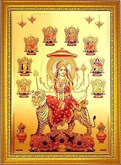 ADA Handicraft Maa Durga Nav Roop Shailputri Katyayani Mahagauri Hindu Religious Painting Wood Wall Photo Frame For Navratri Dussehra Pooja (35 x 25 x 1 cm, Multicolour)