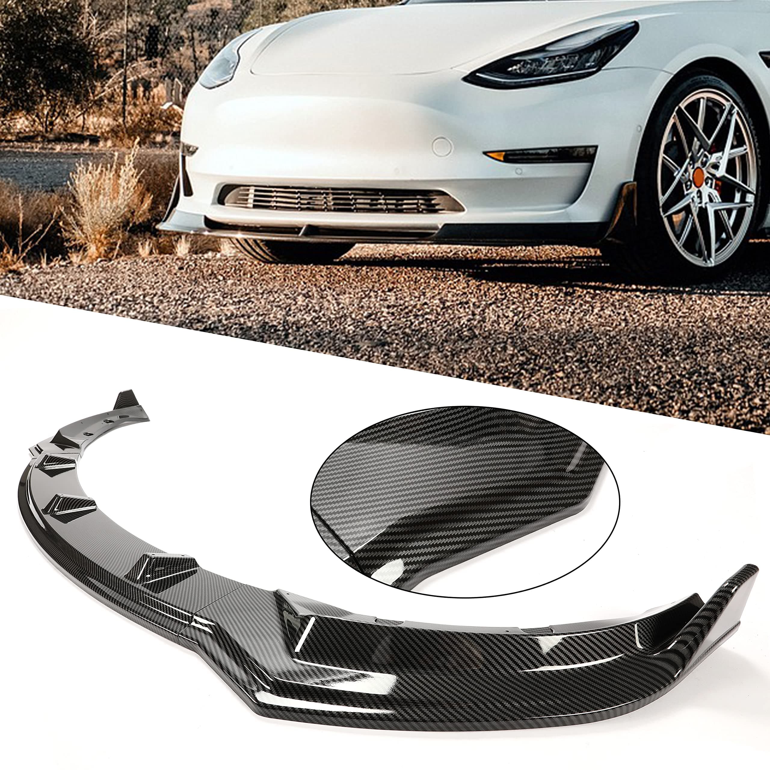 Kojem Front Bumper Lip Kit Compatible with 2017-2023 Tesla Model 3 Sedan Body Spoiler Splitter Kit Carbon Fiber Printing 3PCS