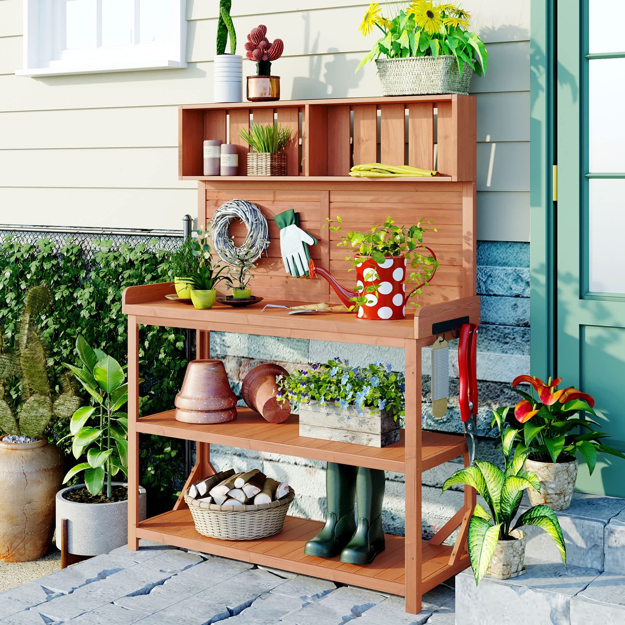 Potting Bench Table with 4 Storage Shelves and Side Hook, Polibi 65" Large Wooden Farmhouse Rustic Outdoor Patio Workstation, Garden Potting Bench with Splash Plate