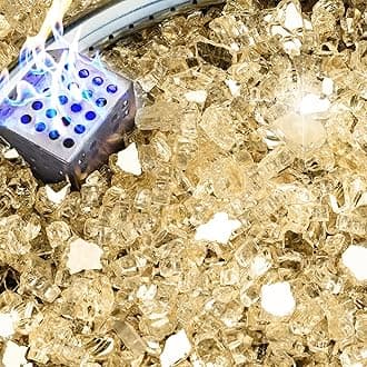 NUPICK 5 Pound Fire Glass, 1/4 Inch Reflective Fire Pit Glass, Tempered Firepit Glass Rock for Propane or Natural Gas, Glass Rocks for Fire Pit Table, Fireplace Glass for Landscaping, Gold