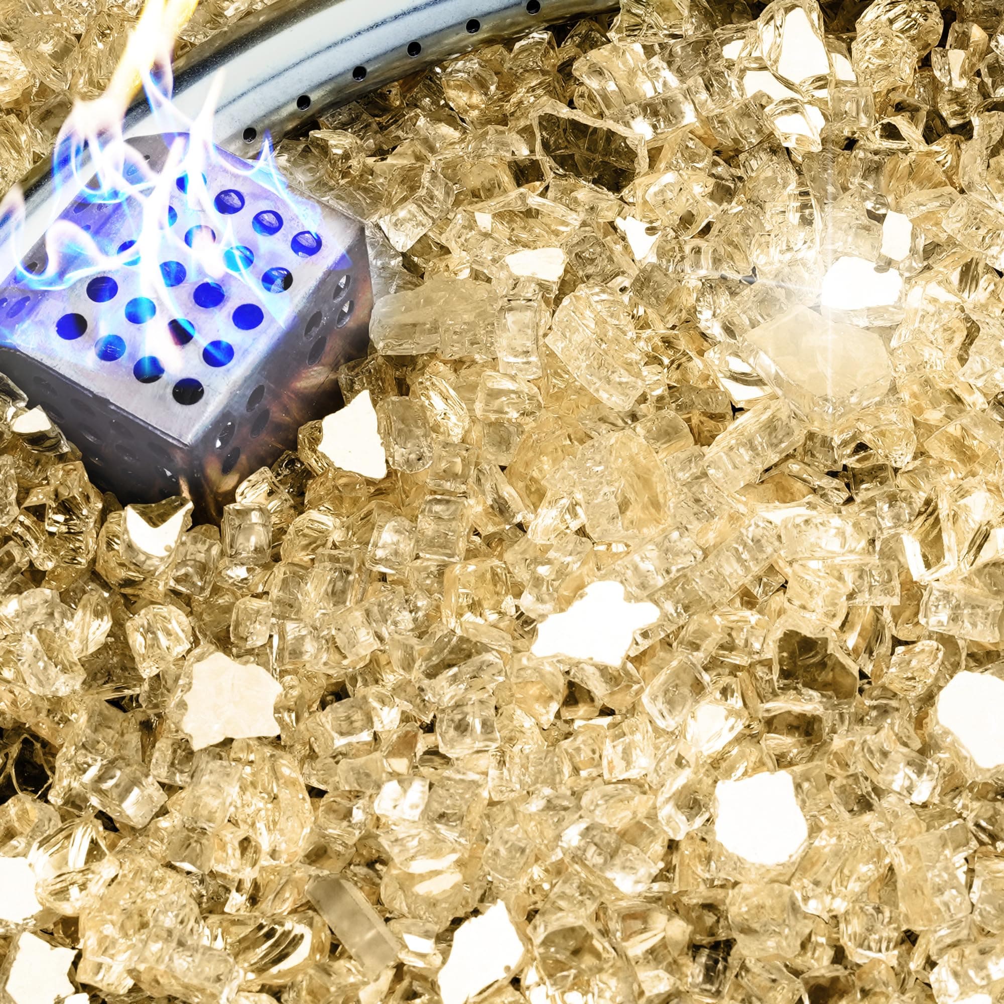 5 Pound Fire Glass, 1/4 Inch Reflective Fire Pit Glass, Tempered Firepit Glass Rock for Propane or Natural Gas, Glass Rocks for Fire Pit Table, Fireplace Glass for Landscaping, Gold