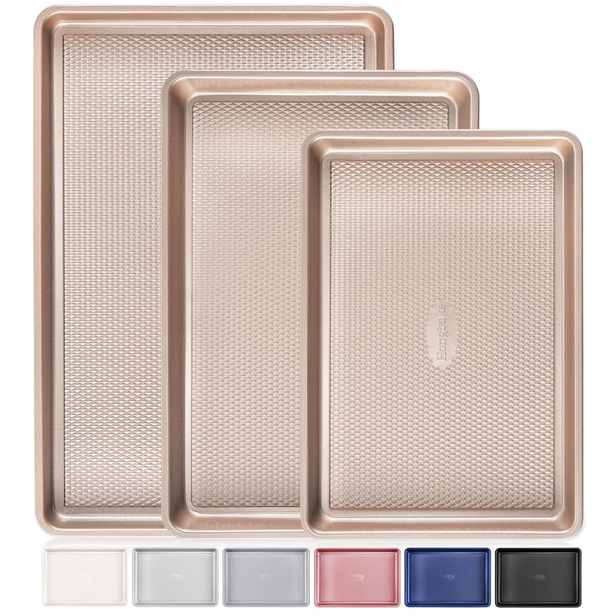 Baking Sheet Pan Set of 3, Cookie Sheets for Oven, Nonstick Half/Quarter/Jelly Roll Pans with Diamond Texture Pattern, 0.8mm Thick Heavy Duty Cookie Tray, Champagne Gold