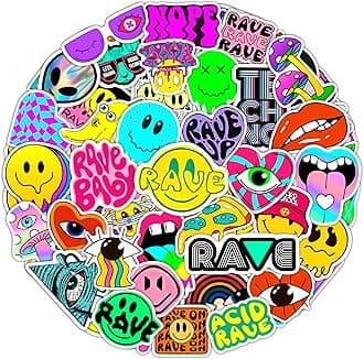 BulbaCraft Rave Stickers for Water Bottle and Laptop - Trippy Stickers, Psychedelic Party Favors & Decorations, Waterproof Vinyl Festival Decals, Gifts for Women & Men