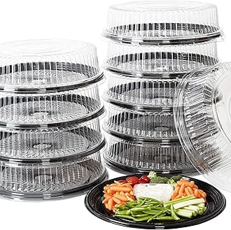 Avant Grub Heavy Duty, Recyclable 16 in. Serving Tray and Lid 10pk. Large, Black Plastic Party Platters with Clear Lids Dishware Plate, Elegant Round Banquet or Catering Trays for Serving