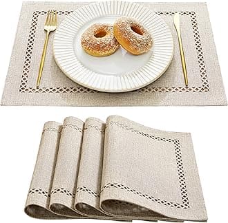 Burlap Placemats Set of 4, 12 x 18 Inch Rustic Geometric Hollow Place Mats, Heat Resistant Placemats for Farmhouse Kitchen Table Decor, Coffee 4PCS