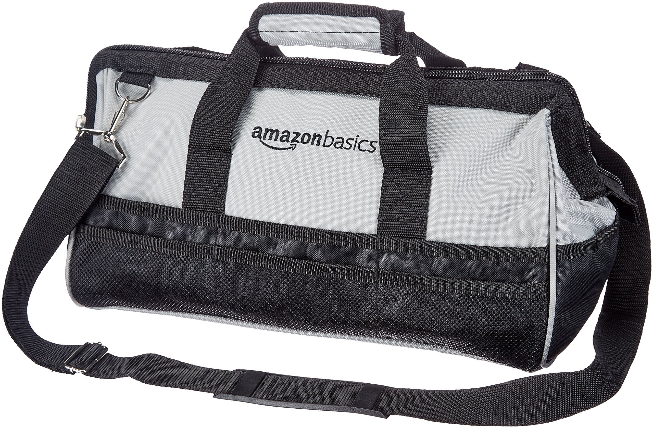 Durable Wear-Resistant Tool Storage Bag with Adjustable Shoulder Strap, Portable Tool Organizer, 16 in, Black & Grey