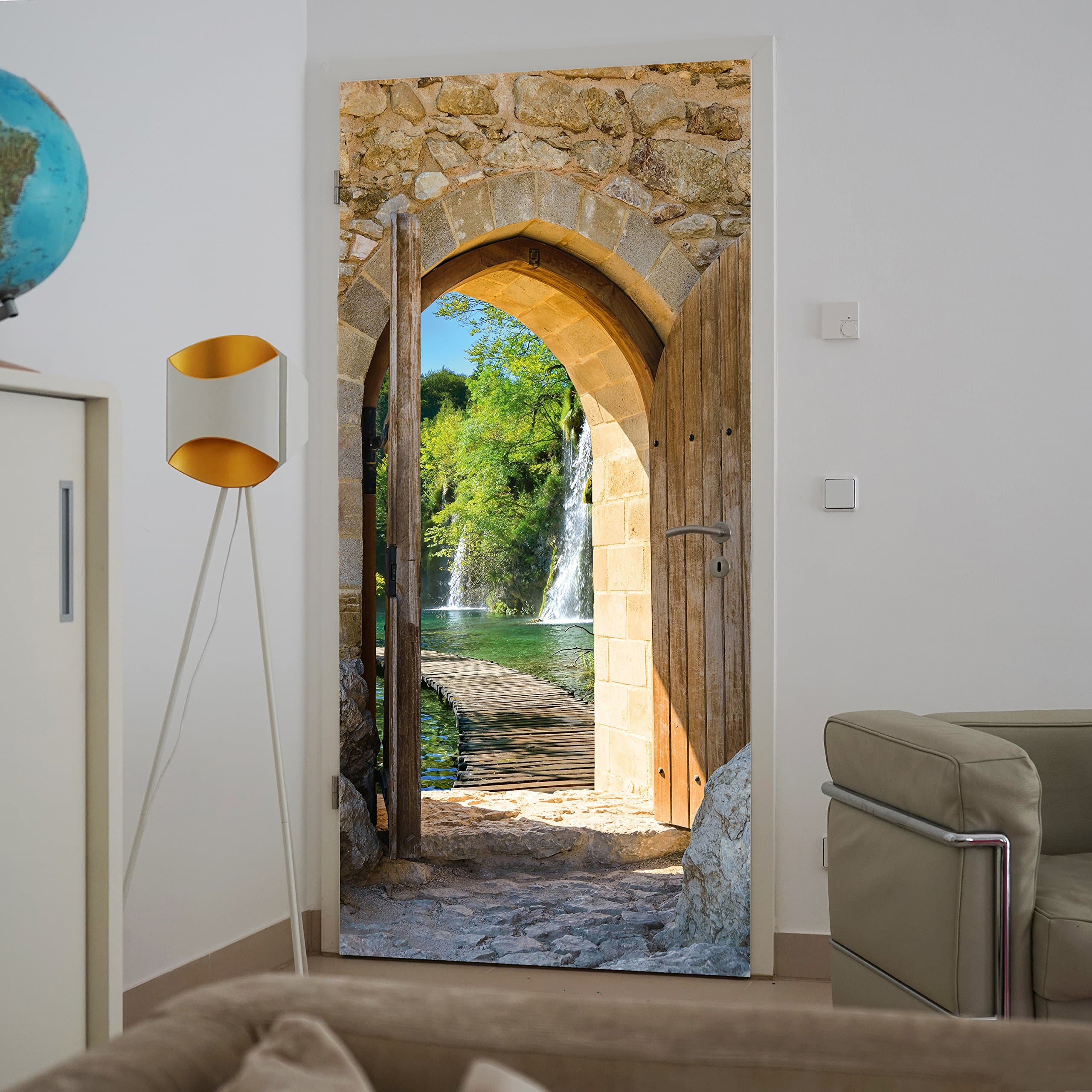 murimage Door Mural Waterfall Path 86 x 200 cm Including Paste Photo Wallpaper 3D Forest Lake Stones Wall Bridge gate Kitchen Wallmural