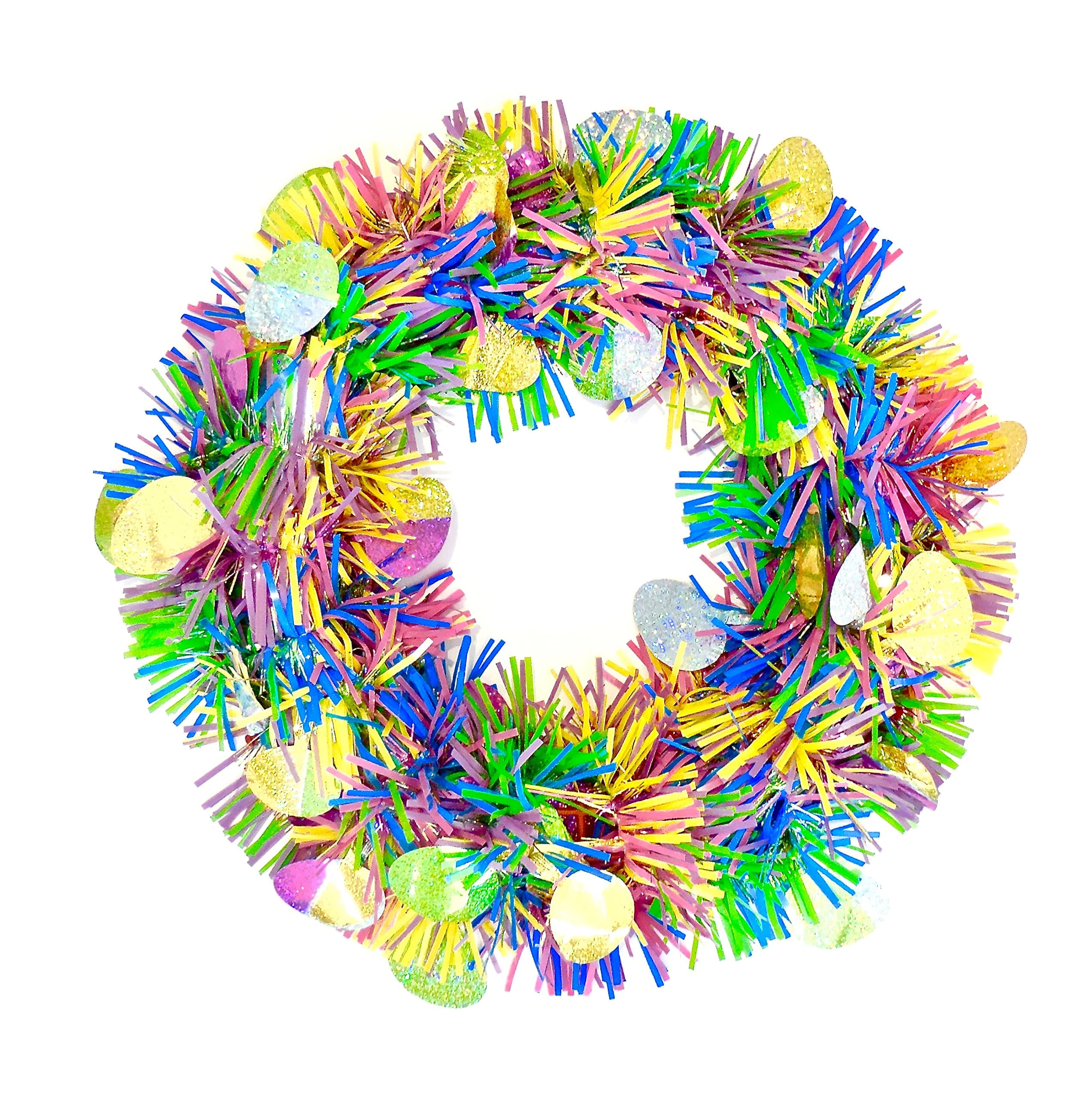 Easter Tinsel Wreath,Holographic Eggs,Plastic Frame,Hanging Circle.18 (Multi Pastel)