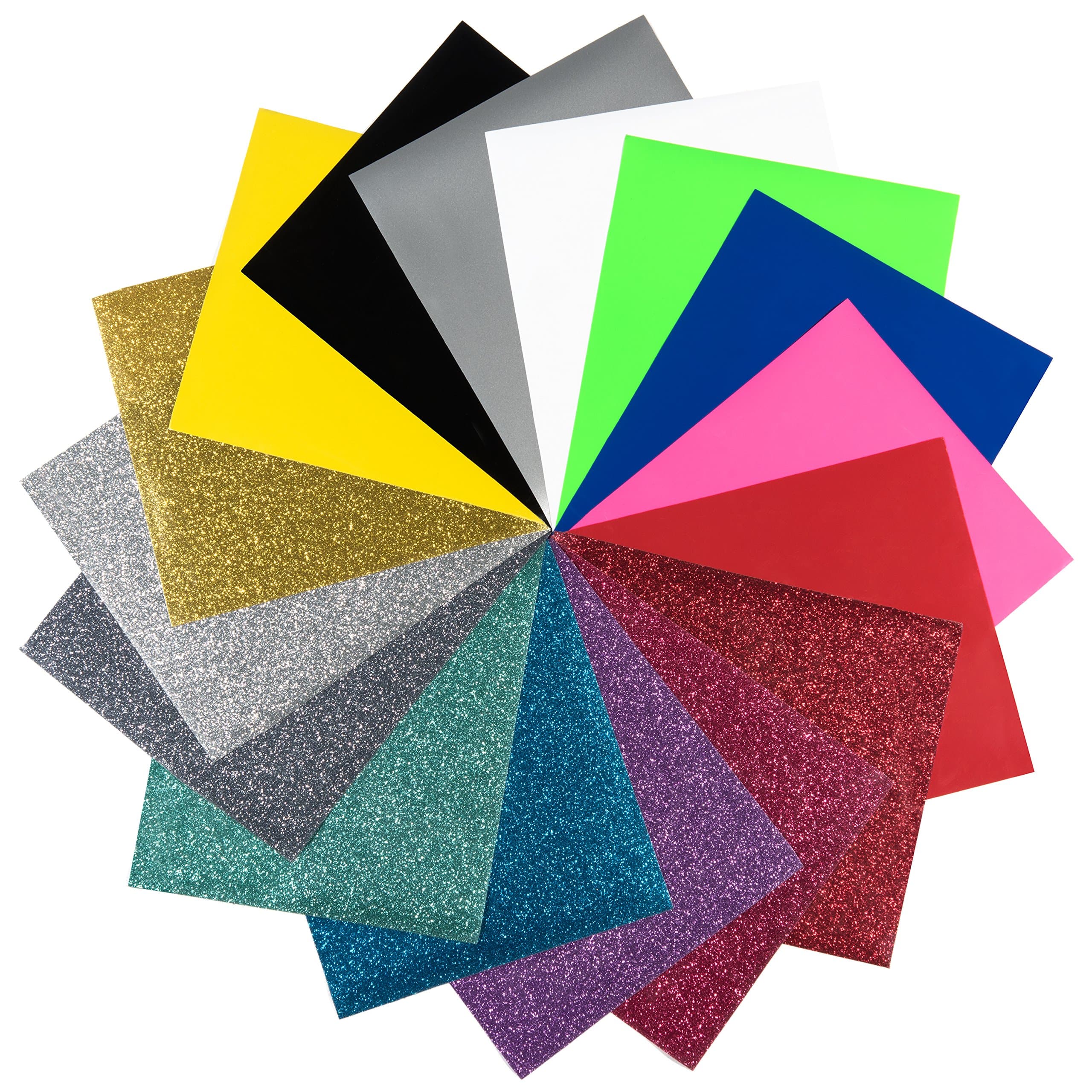 Iron On Heat Transfer Vinyl Bundle 16 sheets 8 Glitter 8 Non Glitter 12 x 10 inch. Use with Cricut, Silhouette. Ideal for T Shirts, Crafts. Turn Your Vision into Reality with this Premium HTV Material