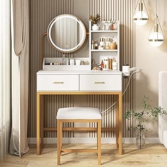 Vabches Makeup Vanity Desk with Round Mirror and Lights, White Vanity Makeup Table, Small Vanity Table for Bedroom with Lots Storage, 3 Lighting Modes, 31.5in(L)