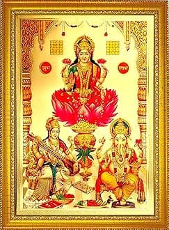 ADA Handicraft Shree Laxmi Ganesh Saraswati Wood Photo Frame For Wall Deepawali Pooja Home Decor Health Wealth Happiness (35 x 25 x 1 cm, Multicolour)