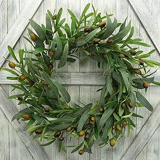20 inches Artificial Green Olive Wreath Greenery Wreath with Olive Leaves, Bean for Front Door Indoor Outdoor Farmhouse Home Wall Window Festival Wedding Decor, White Gift Box Included
