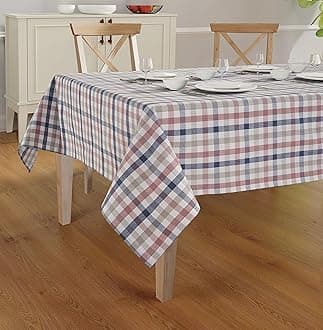 Cotton Table Cover - Rectangle Tablecloth - Wrinkle Free Cover - Cotton Mitered Stitched - Multicolor Check - Kitchen Dining, Wedding, Decorations, & Parties - 60'' x 84' - Blue Grey