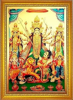 ADA Handicraft Maa Durga Lakshmi Saraswati Ganesha Hindu Religious Wood Wall Photo Frame For Dussehra Diwali Navratri (35 x 25 x 1 cm, Multicolour)