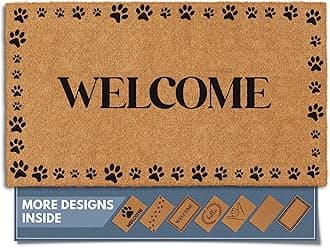Natural Coco Coir Heavy Duty Backing Doormat - Large Cute Non-Slip Front Door Welcome Mat for Outside Entrance or Porch Entry, Brown (17x30, Welcome Paws)