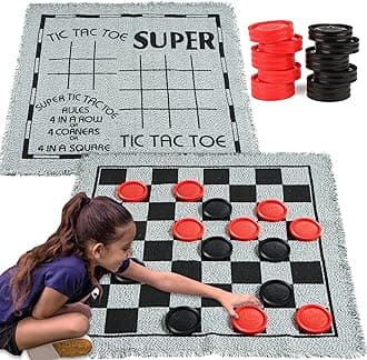 JOYIN 3-in-1 Vintage Giant Checkers and Tic Tac Toe Game with Reversible Mat (30"x 30"), 24 Chips, Family Board Game, Lawn Game, BBQ Party Favor, Indoor and Outdoor Activity for Kids and Adults