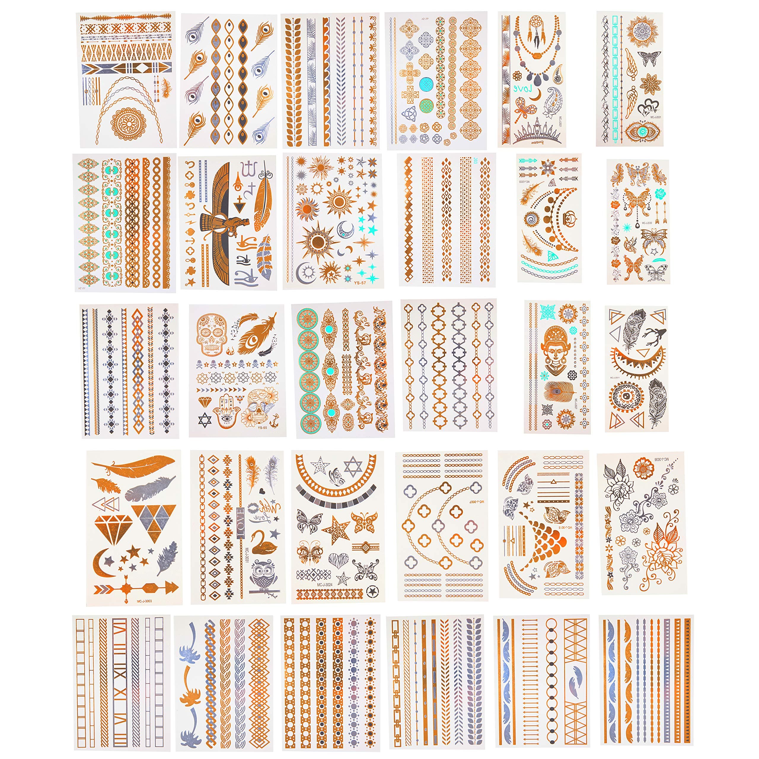Temporary Metallic Tattoos VALUE PACK- 30 Different Sheets, 300 Unique Gold Silver & Turquoise Waterproof Flash Tattoos w Extra Bright Colors- Long Lasting Designs Easy to Apply- Summer Festival Gear