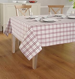 Casa De Lan Dobby Check Tablecloth. Mitered Stitching 100% Ring Spun Cotton Tablecloth in Size (60x84 inches). Rectangle/Oblong Color - Dark Pink