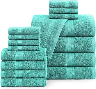 LANE LINEN 100% Cotton Luxury Bathroom Towel Set - 16 Pieces - Ring Spun, Quick Dry, Super Soft & Absorbent - 4 Bath, 8 Washcloths, 4 Hand Towels - Remains Fluffy Even After Multiple Washes - Teal