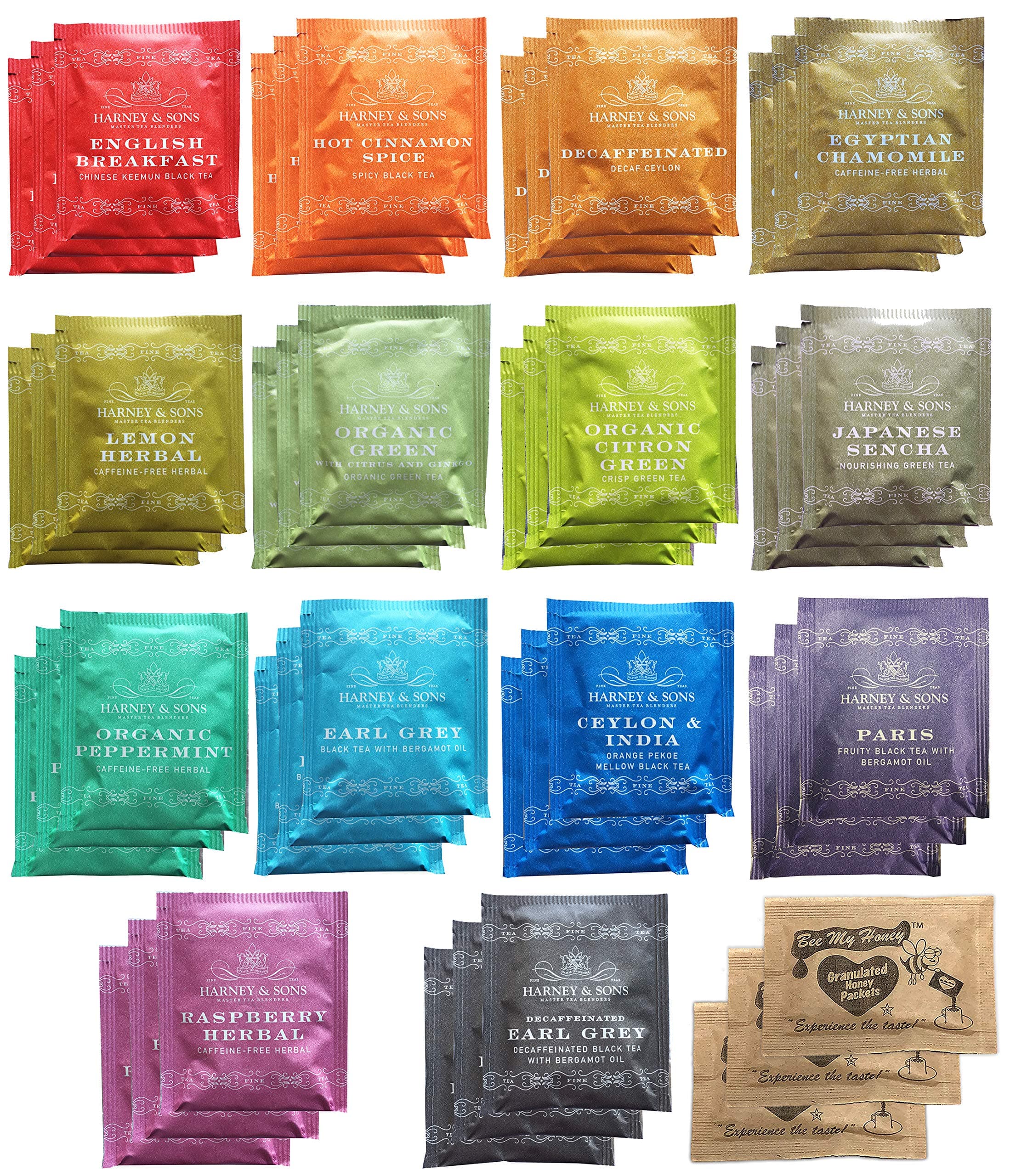 Harney & Sons Assorted Tea Bag Sampler 42 Count With Honey Crystal Packs Great for Birthday, Hostess and Co-worker Gifts