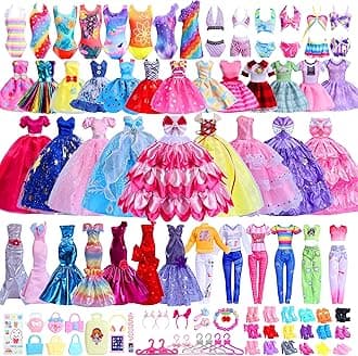 110PCS Doll Clothes and Accessories for 11.5 inch Dolls -Princess Gowns, Fashion Dresses, Slip Dresses, Top, Pants, Jumpsuit, Swimsuits, Shoes, Hangers, Doll Dress up Toys for Girls Kids Birthday Gift