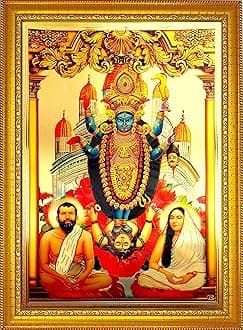 ADA Handicraft Mata Kali Mahakali Devi With Sri Ramkrishna Paramhansa Sarada Devi Hindu Religious Wood Photo Frame For Wall Kali Puja Shyama Puja Mahanisha Puja (35 x 25 x 1 cm, Multicolour)
