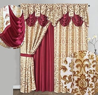 GOHD Samba Star. Jacquard Window Curtain Panel Drape with Attached Fancy Valance and taffeta backing. 2pcs Set. Each pc 54" Wide x 90" Drop with 18" Valance. (BURGUNDY)