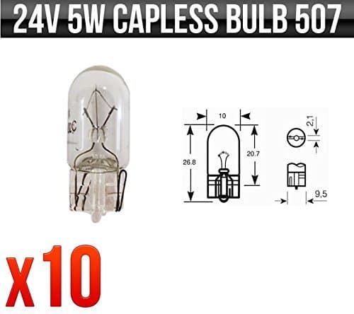 24v 5w Capless W5W W2.1 x 9.5d Side and Tail Bulbs 507 Pack of 10